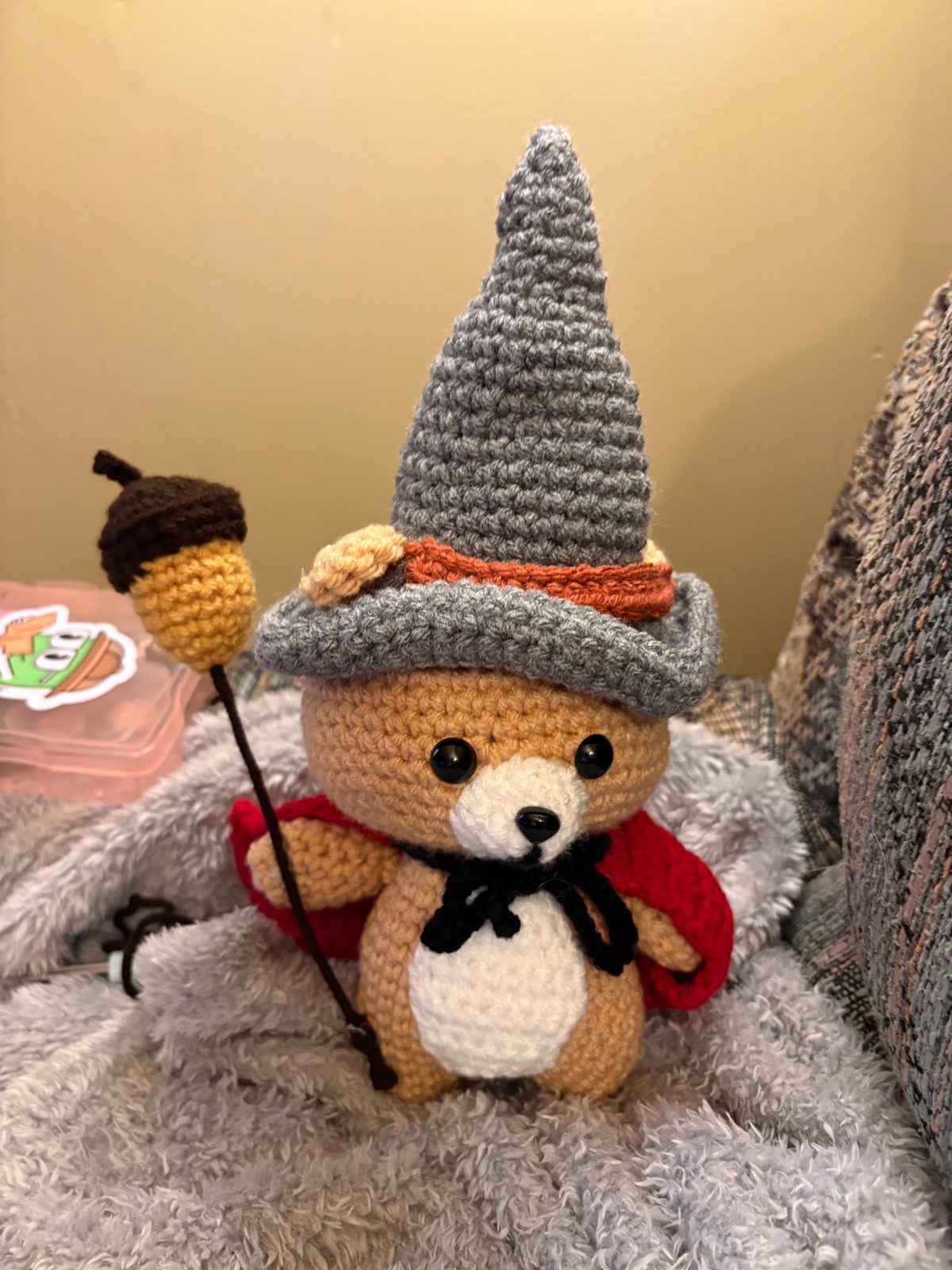 Crochet fox in a witch hat